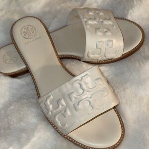 Tory Burch Everly High Frequency Ivory Embossed Slide Sandals